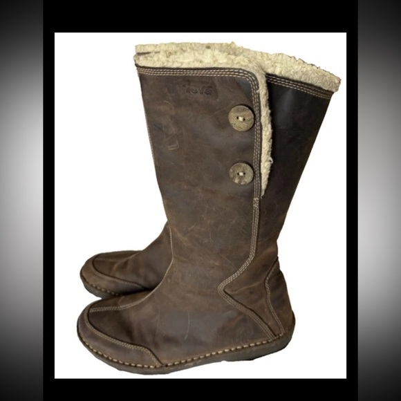 Teva Tonalea Boots Sherpa Lined Size 8 Brown Leather Waterproof Side Zip 4327 - Picture 1 of 15